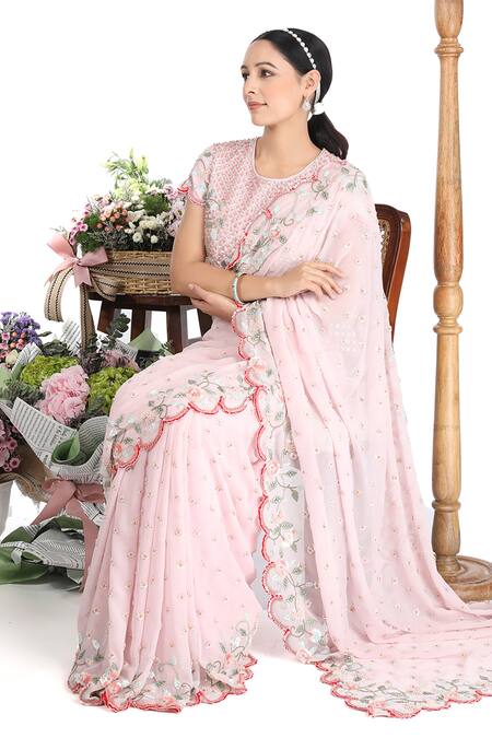 Shop_Summer By Priyanka Gupta_Pink Georgette Embroidery Sequin Round Ribbon Saree With Blouse _Online_at_Aza_Fashions