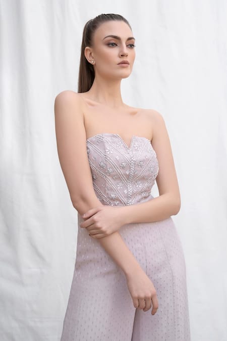 Amrta By Guneet Kondal Pink Viscose, Georgette Beads, Sequins, Embroidery Split V-neck Floral Jumpsuit at Aza Fashions Amrta By Guneet Kondal_Pink Viscose, Georgette Beads, Sequins, Embroidery Split V-neck Floral Jumpsuit _at_Aza_Fashions