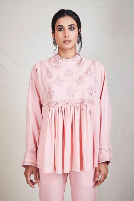 Buy_Sue Mue_Pink Mul Band Collar Flared Short Tunic _Online_at_Aza_Fashions