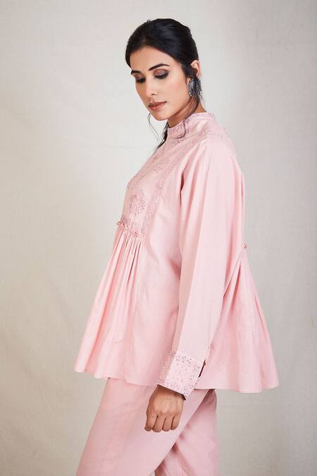 Shop_Sue Mue_Pink Mul Band Collar Flared Short Tunic _Online_at_Aza_Fashions