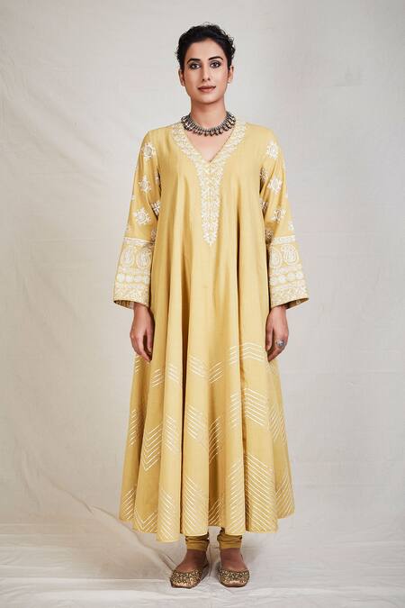 Sue Mue_Gold Cotton, Mul V Neck Embroidered Anarkali Set_Online_at_Aza_Fashions