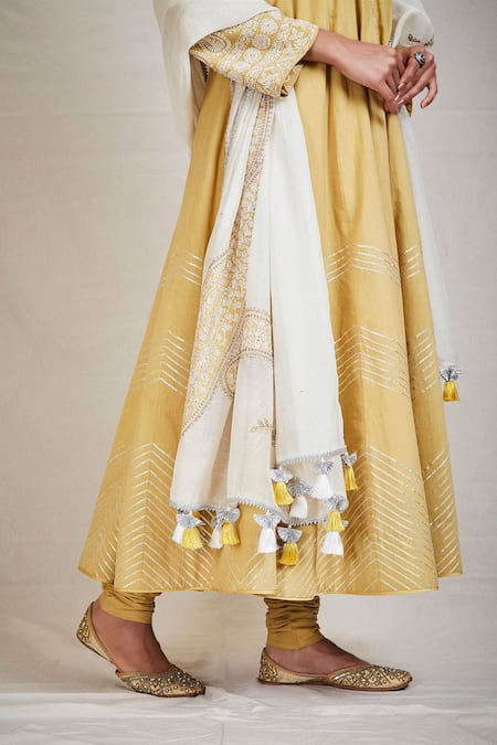 Shop_Sue Mue_Gold Cotton, Mul V Neck Embroidered Anarkali Set_Online_at_Aza_Fashions