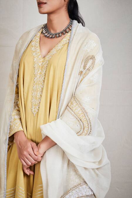 Sue Mue_Gold Cotton, Mul V Neck Embroidered Anarkali Set_at_Aza_Fashions