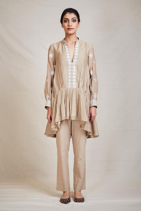 Sue Mue_Beige Mul Band Collar Flared Asymmetric Tunic _Online_at_Aza_Fashions