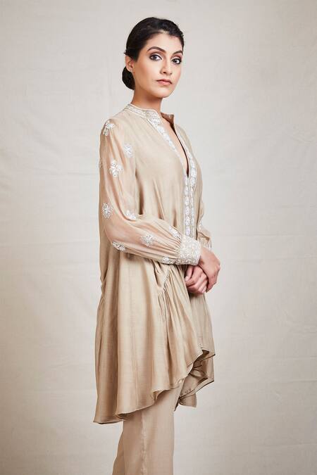 Buy_Sue Mue_Beige Mul Band Collar Flared Asymmetric Tunic _Online_at_Aza_Fashions