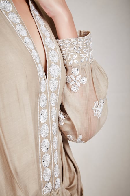 Shop_Sue Mue_Beige Mul Band Collar Flared Asymmetric Tunic _Online_at_Aza_Fashions