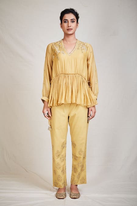 Sue Mue_Gold Mul V Neck Flared Short Tunic _Online_at_Aza_Fashions