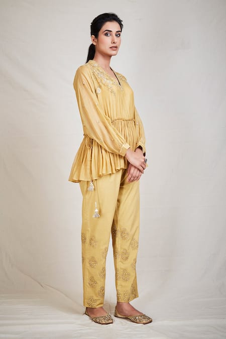 Buy_Sue Mue_Gold Mul V Neck Flared Short Tunic _Online_at_Aza_Fashions