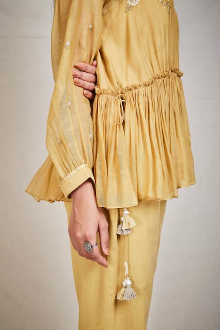 Shop_Sue Mue_Gold Mul V Neck Flared Short Tunic _Online_at_Aza_Fashions