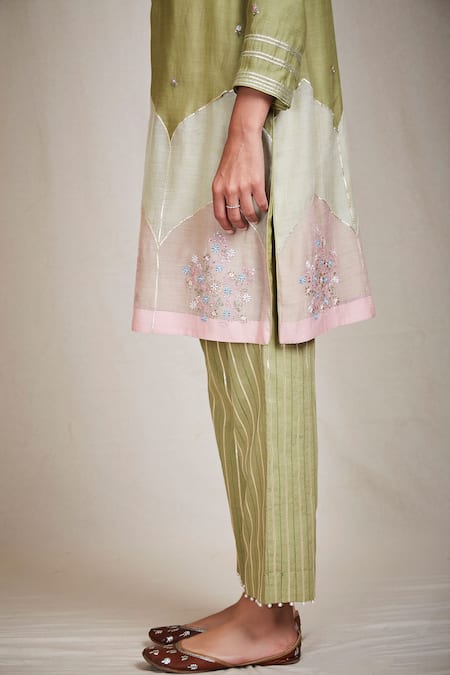 Shop_Sue Mue_Green Cotton, Mul Round Embroidered Kurta Set_Online_at_Aza_Fashions