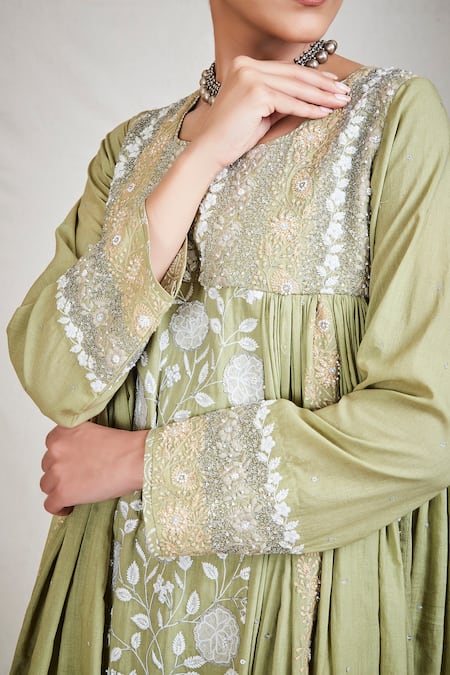 Buy_Sue Mue_Green Cotton, Mul Round Embroidered Anarkali Set _Online_at_Aza_Fashions