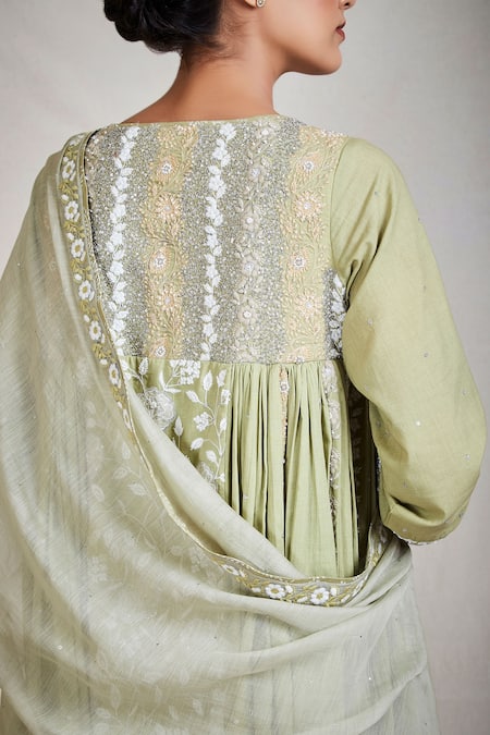 Shop_Sue Mue_Green Cotton, Mul Round Embroidered Anarkali Set _Online_at_Aza_Fashions