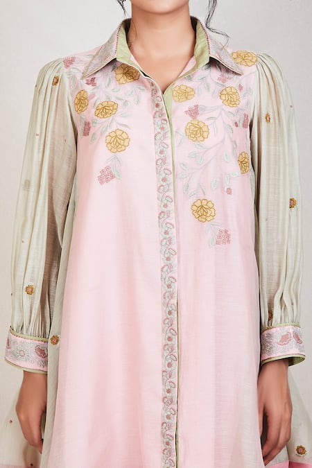 Buy_Sue Mue_Green Mul Spread Collar Flared Colorblock Short Tunic _Online_at_Aza_Fashions