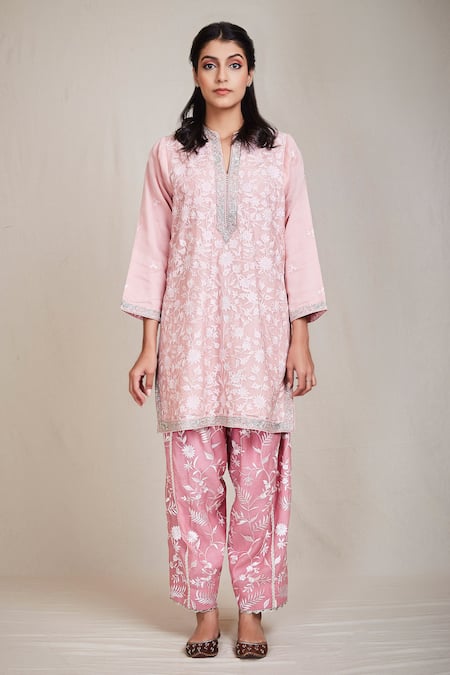 Buy Sue Mue Pink Mul Round Embroidered Kurta Set Online at Aza Fashions Buy_Sue Mue_Pink Mul Round Embroidered Kurta Set _Online_at_Aza_Fashions