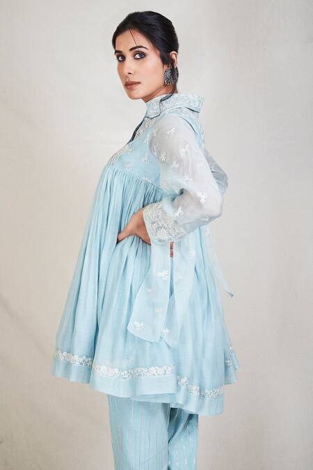 Sue Mue_Blue Mul Spread Collar Embroidered Flared Short Tunic _Online_at_Aza_Fashions