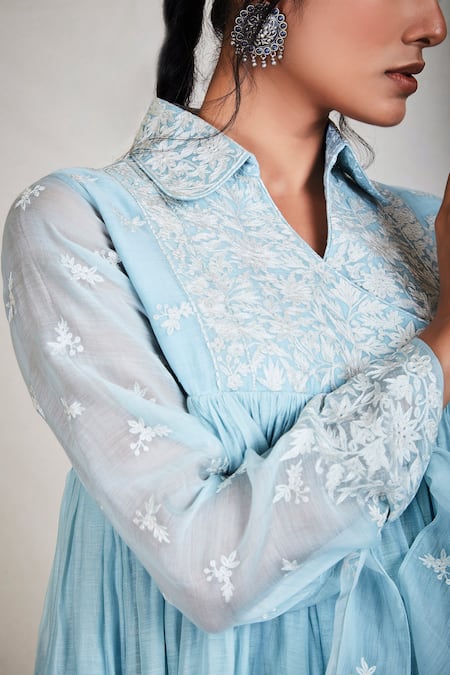 Shop_Sue Mue_Blue Mul Spread Collar Embroidered Flared Short Tunic _Online_at_Aza_Fashions
