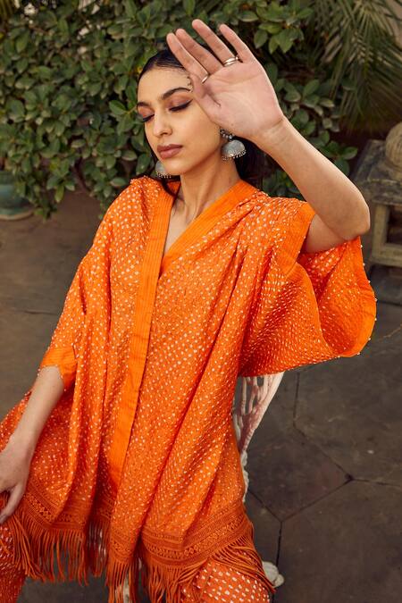 Buy Twenty Nine Orange Crepe Fringe V-neck Crushed Bandhani Hoodie Buy_Twenty Nine_Orange Crepe Fringe V-neck Crushed Bandhani Hoodie