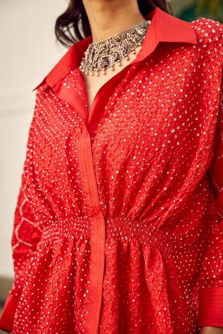 Twenty Nine Red Crepe Embroidery Collared Bandhani Pattern Peplum Shirt Online at Aza Fashions Twenty Nine_Red Crepe Embroidery Collared Bandhani Pattern Peplum Shirt _Online_at_Aza_Fashions