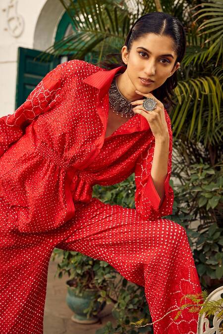 Buy Twenty Nine Red Crepe Embroidery Collared Bandhani Pattern Peplum Shirt Online at Aza Fashions Buy_Twenty Nine_Red Crepe Embroidery Collared Bandhani Pattern Peplum Shirt _Online_at_Aza_Fashions