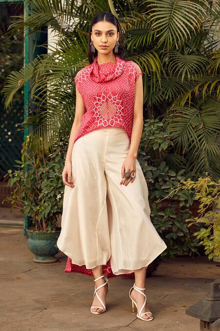 Buy_Twenty Nine_Red Gingham Embroidery Cowl Neck Bandhani Pattern Asymmetric Top _Online_at_Aza_Fashions