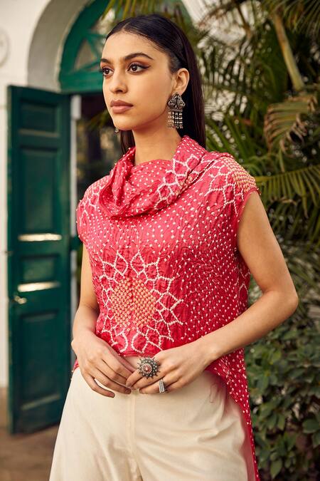 Shop_Twenty Nine_Red Gingham Embroidery Cowl Neck Bandhani Pattern Asymmetric Top _Online_at_Aza_Fashions