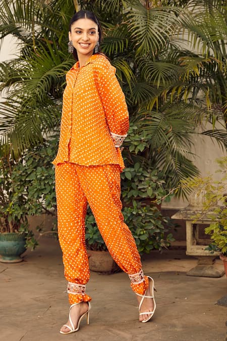 Twenty Nine Orange Gabardine Mirrors, Embroidery Collared Bandhani Pattern Shirt Online at Aza Fashions Twenty Nine_Orange Gabardine Mirrors, Embroidery Collared Bandhani Pattern Shirt _Online_at_Aza_Fashions