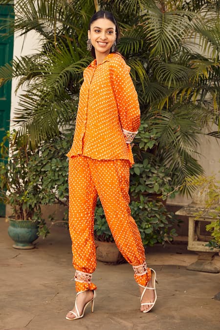 Twenty Nine_Orange Gajji Silk Bandhani Hand Embroidered Kutch Pant _Online_at_Aza_Fashions