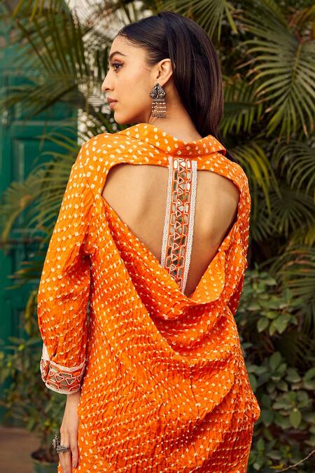 Buy Twenty Nine Orange Gabardine Mirrors, Embroidery Collared Bandhani Pattern Shirt Online at Aza Fashions Buy_Twenty Nine_Orange Gabardine Mirrors, Embroidery Collared Bandhani Pattern Shirt _Online_at_Aza_Fashions