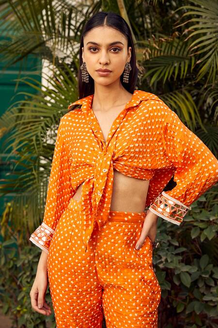 Shop Twenty Nine Orange Gabardine Mirrors, Embroidery Collared Bandhani Pattern Shirt Online at Aza Fashions Shop_Twenty Nine_Orange Gabardine Mirrors, Embroidery Collared Bandhani Pattern Shirt _Online_at_Aza_Fashions