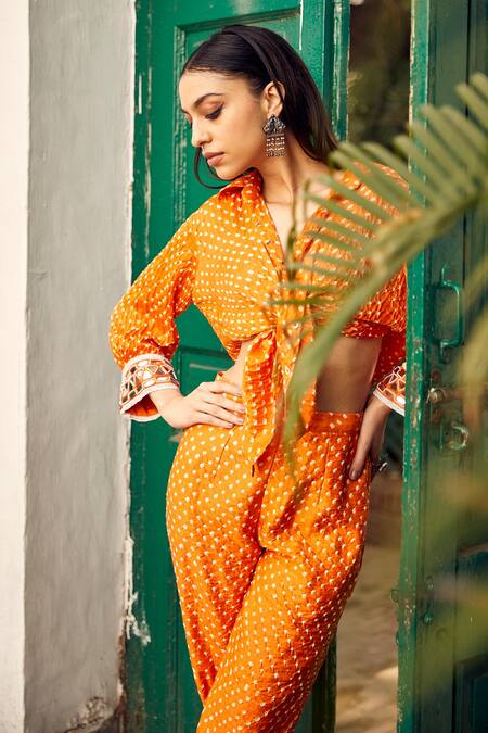 Twenty Nine Orange Gabardine Mirrors, Embroidery Collared Bandhani Pattern Shirt at Aza Fashions Twenty Nine_Orange Gabardine Mirrors, Embroidery Collared Bandhani Pattern Shirt _at_Aza_Fashions