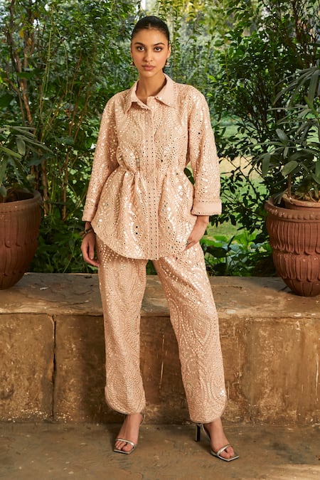 Twenty Nine_Ivory Georgette Mirrors Collared Embroidered Peplum Jacket _Online_at_Aza_Fashions