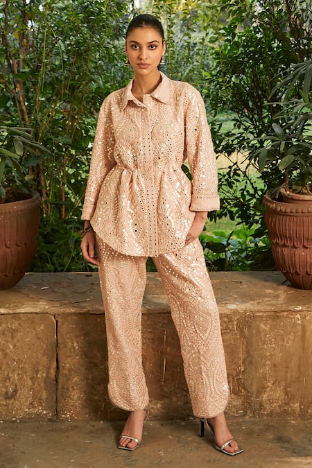 Twenty Nine_Ivory Georgette Hand Embroidered Mirror Slit Pant _Online_at_Aza_Fashions