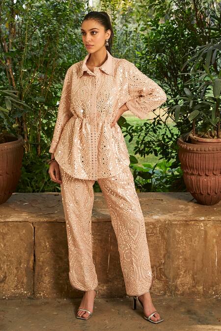 Buy_Twenty Nine_Ivory Georgette Hand Embroidered Mirror Slit Pant _Online_at_Aza_Fashions