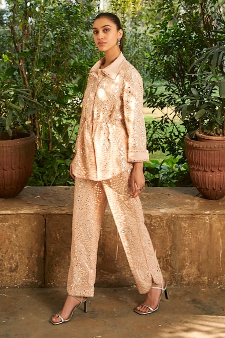 Shop_Twenty Nine_Ivory Georgette Mirrors Collared Embroidered Peplum Jacket _Online_at_Aza_Fashions