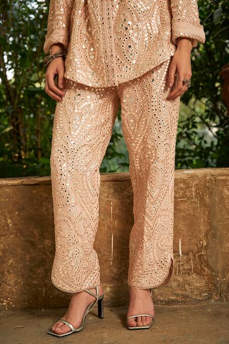 Twenty Nine_Ivory Georgette Hand Embroidered Mirror Slit Pant _at_Aza_Fashions