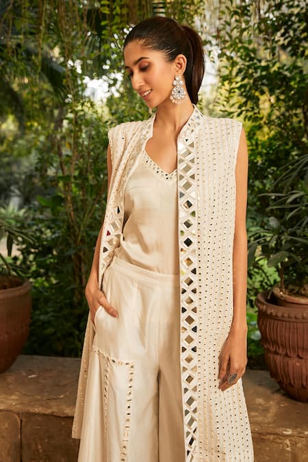 Buy_Twenty Nine_White Georgette Mirrors, Beads Mandarin Collar Embroidered Jacket _Online_at_Aza_Fashions