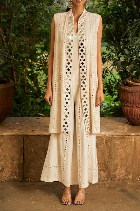 Twenty Nine White Chanderi Silk Mirrors Embroidered Flared Pant Online at Aza Fashions Twenty Nine_White Chanderi Silk Mirrors Embroidered Flared Pant _Online_at_Aza_Fashions