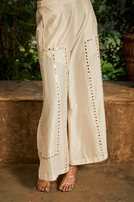 Shop Twenty Nine White Chanderi Silk Mirrors Embroidered Flared Pant Online at Aza Fashions Shop_Twenty Nine_White Chanderi Silk Mirrors Embroidered Flared Pant _Online_at_Aza_Fashions