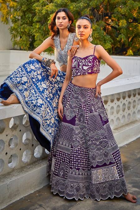 Twenty Nine Blue Gabardine Mirrors, Beads V-neck Hand Embroidered Bustier Online at Aza Fashions Twenty Nine_Blue Gabardine Mirrors, Beads V-neck Hand Embroidered Bustier _Online_at_Aza_Fashions