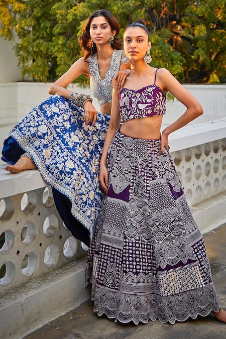 Twenty Nine_Purple Crepe Hand Embroidered Mirror Lehenga _Online_at_Aza_Fashions