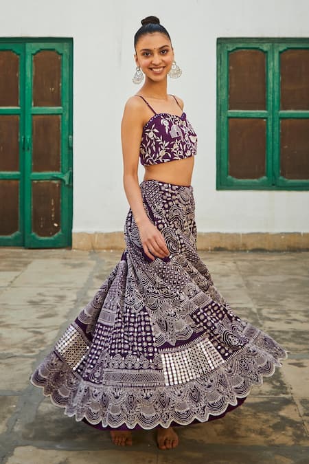 Buy_Twenty Nine_Purple Crepe Hand Embroidered Mirror Lehenga _Online_at_Aza_Fashions