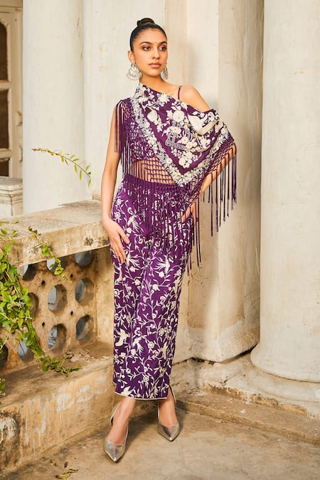Twenty Nine_Purple Crepe Embroidery Thread Hand Bell-bottom Pant _Online_at_Aza_Fashions