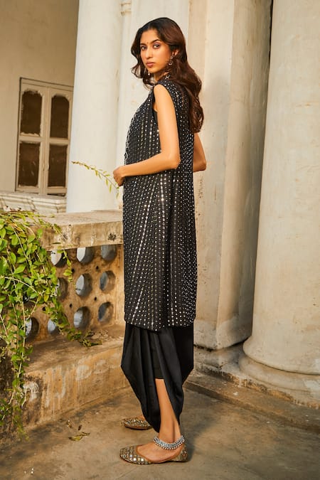 Shop Twenty Nine Black Georgette Mirrors, Beads Mandarin Collar And Embroidered Jacket Online at Aza Fashions Shop_Twenty Nine_Black Georgette Mirrors, Beads Mandarin Collar And Embroidered Jacket _Online_at_Aza_Fashions