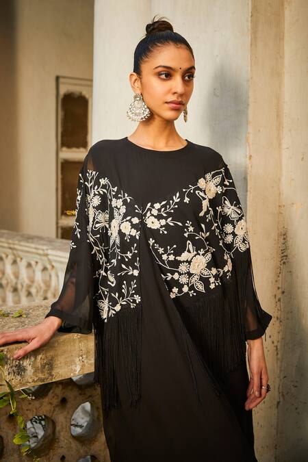 Shop Twenty Nine Black Georgette Embroidery, Fringe Round Neck Floral Mirror Work Kaftan Online at Aza Fashions Shop_Twenty Nine_Black Georgette Embroidery, Fringe Round Neck Floral Mirror Work Kaftan _Online_at_Aza_Fashions