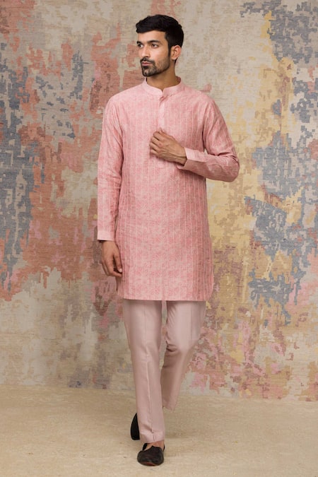 Devnaagri_Pink Cotton , Chanderi Kurta And Pant Set _Online_at_Aza_Fashions