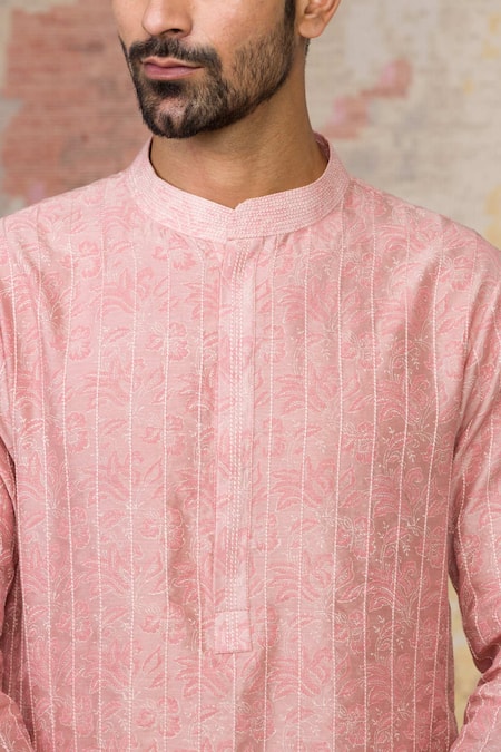 Devnaagri_Pink Cotton , Chanderi Kurta And Pant Set _at_Aza_Fashions