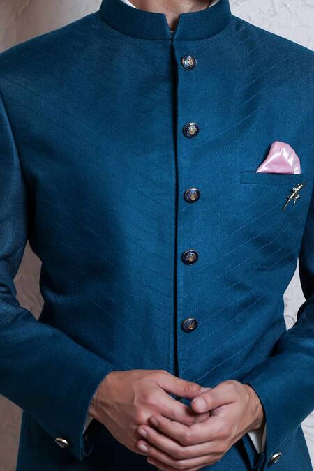 Shop_Soniya G_Blue Silk Bandhgala Set _Online_at_Aza_Fashions