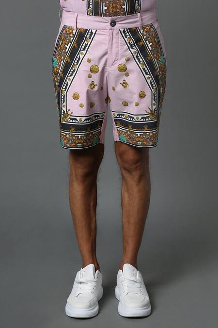 Buy House Of Three Pink Cotton Linen Jewel Mural Hawaiian Shorts Online at Aza Fashions Buy_House Of Three_Pink Cotton Linen Jewel Mural Hawaiian Shorts _Online_at_Aza_Fashions