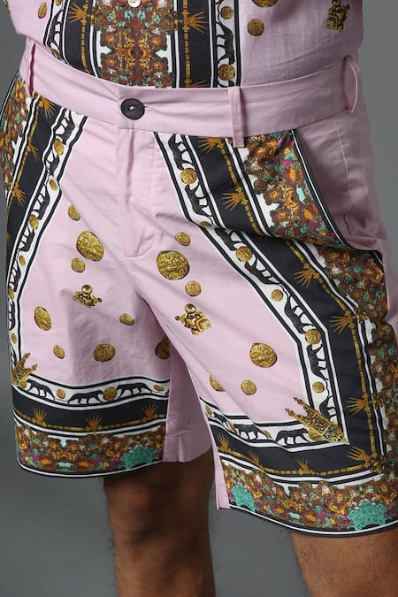 Shop House Of Three Pink Cotton Linen Jewel Mural Hawaiian Shorts Online at Aza Fashions Shop_House Of Three_Pink Cotton Linen Jewel Mural Hawaiian Shorts _Online_at_Aza_Fashions