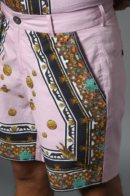 House Of Three Pink Cotton Linen Jewel Mural Hawaiian Shorts at Aza Fashions House Of Three_Pink Cotton Linen Jewel Mural Hawaiian Shorts _at_Aza_Fashions